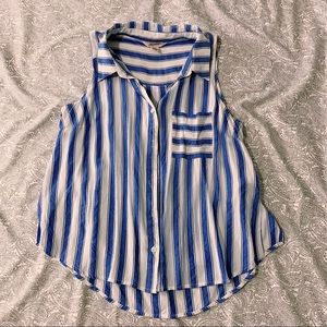 Blue & White Striped Collared Button Down Tank Top
